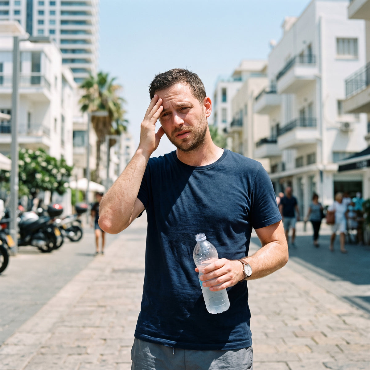 אדם עייף לוחץ על המצח מול שולחן עבודה, כוס מים כמעט ריקה בצד
