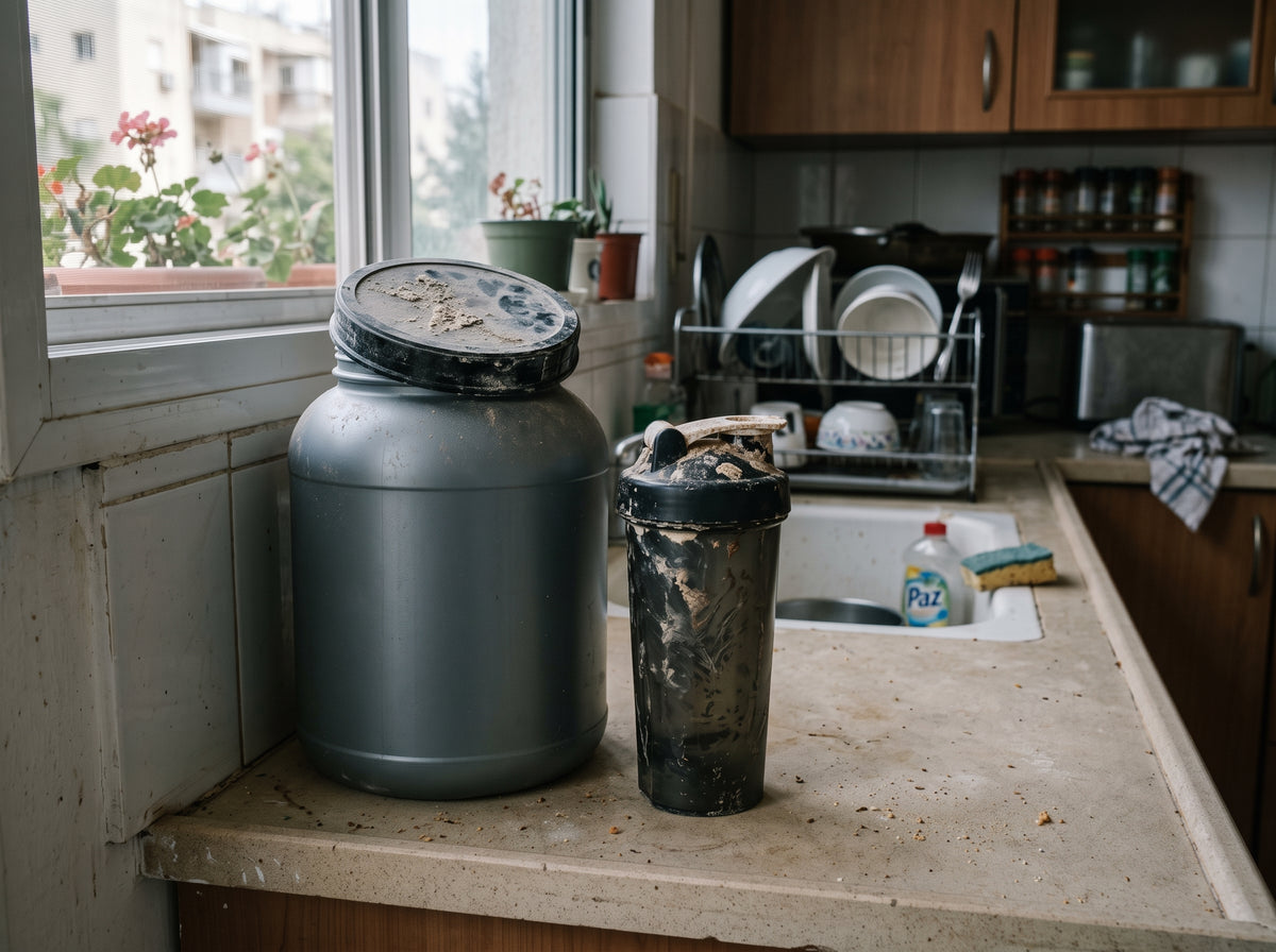 צנצנת אבקת חלבון ושייקר שנשארו לא בשימוש על השיש